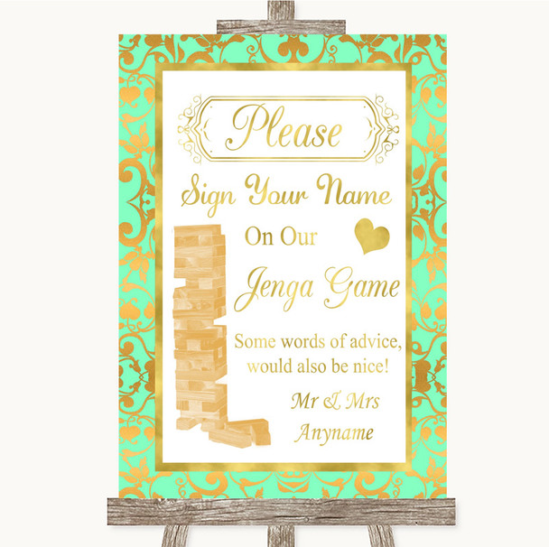 Mint Green & Gold Jenga Guest Book Customised Wedding Sign