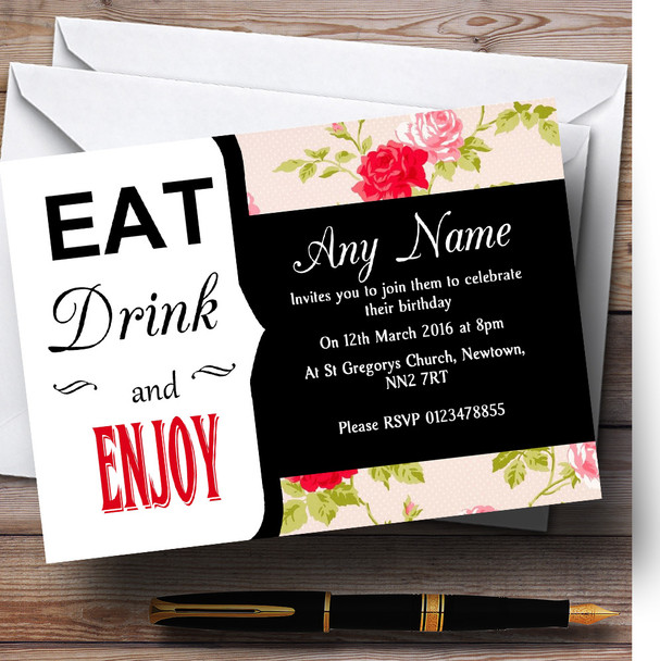 Modern Eat Drink Coral Flowers Customised Birthday Party Invitations