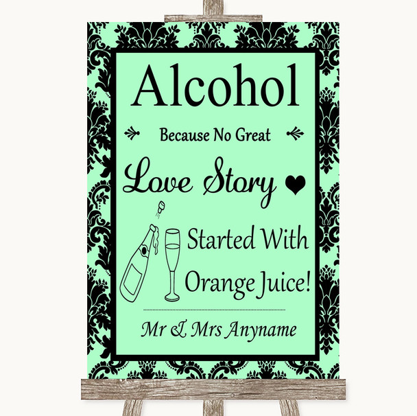 Mint Green Damask Alcohol Bar Love Story Customised Wedding Sign