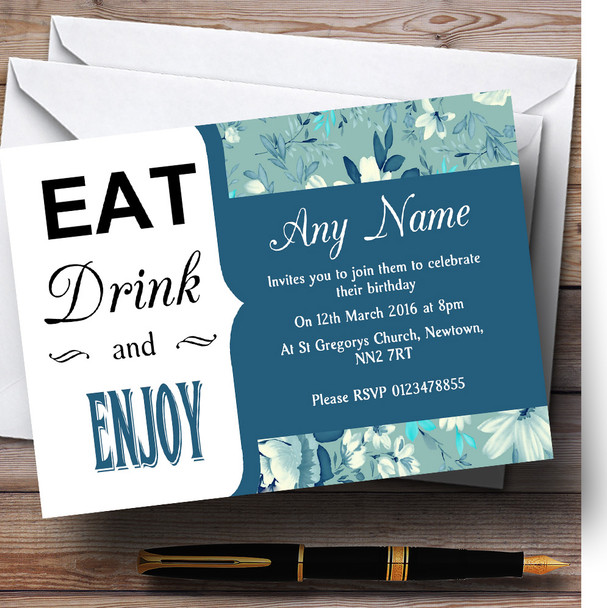 Pale Turquoise Blue Vintage Eat Drink Customised Birthday Party Invitations