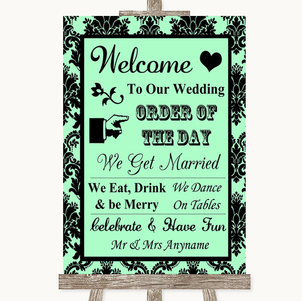 Mint Green Damask Welcome Order Of The Day Customised Wedding Sign