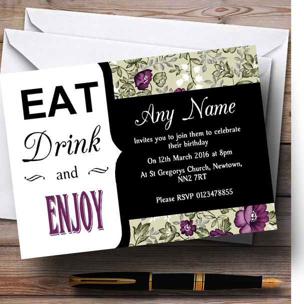 Purple And Sage Green Vintage Damask Eat Drink Customised Birthday Party Invitations