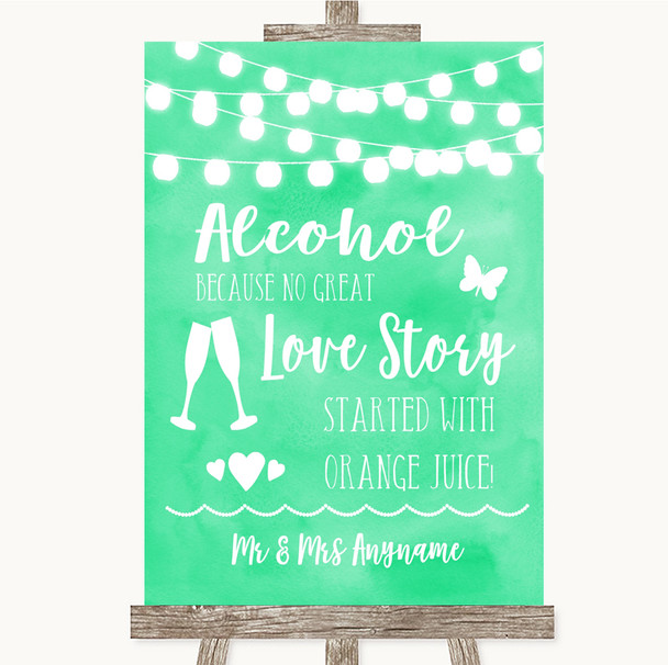 Mint Green Watercolour Lights Alcohol Bar Love Story Customised Wedding Sign