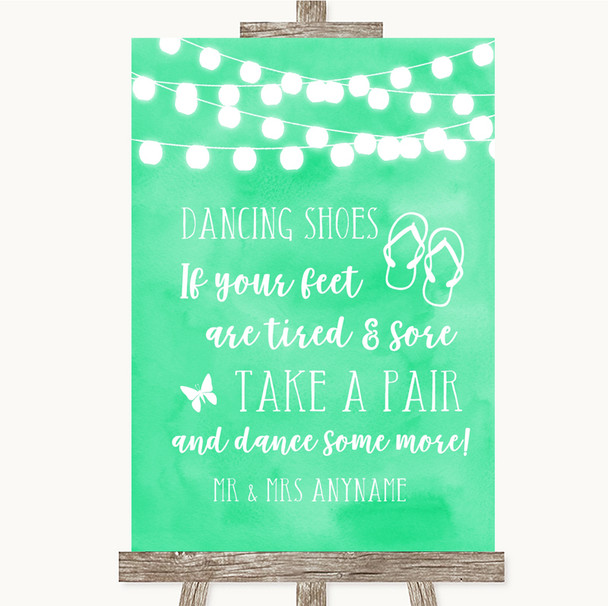 Mint Green Watercolour Lights Dancing Shoes Flip Flops Customised Wedding Sign