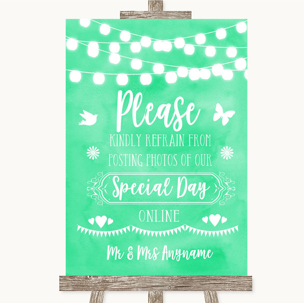 Mint Green Watercolour Lights Don't Post Photos Online Social Media Wedding Sign