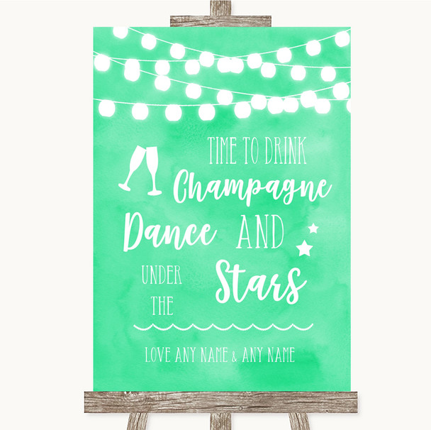 Mint Green Watercolour Lights Drink Champagne Dance Stars Wedding Sign