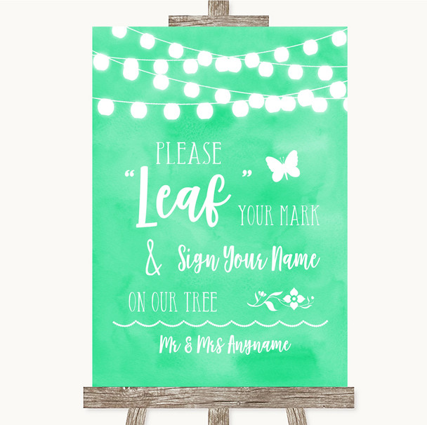 Mint Green Watercolour Lights Fingerprint Tree Instructions Wedding Sign