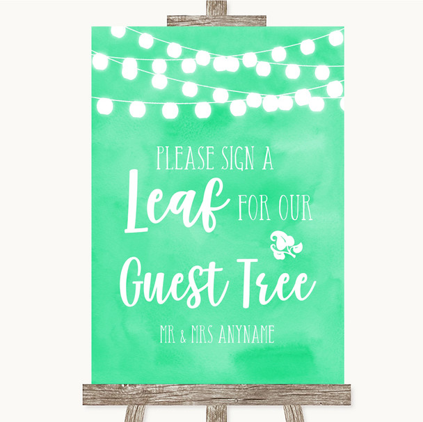 Mint Green Watercolour Lights Guest Tree Leaf Customised Wedding Sign