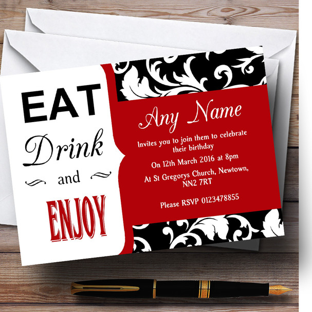 Rich Red Vintage Damask Eat Drink Customised Birthday Party Invitations