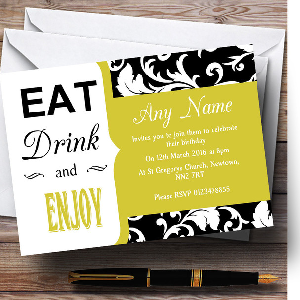 Sage Green Damask Eat Drink Customised Birthday Party Invitations