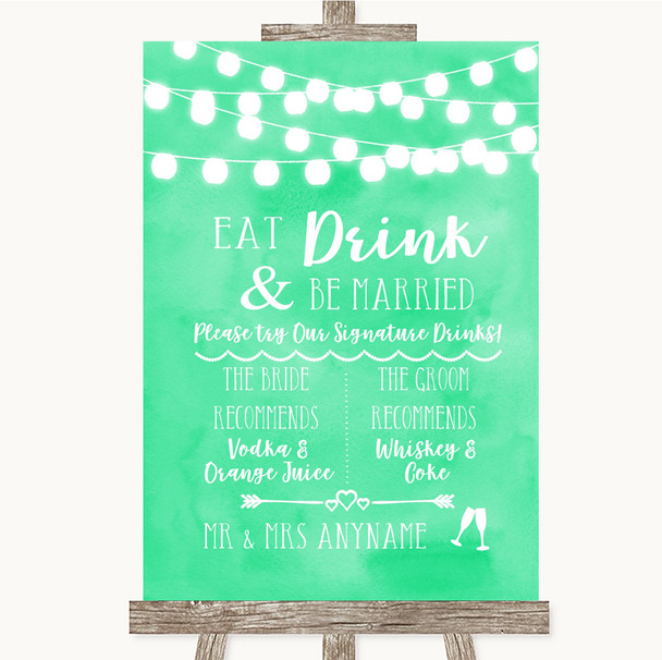 Mint Green Watercolour Lights Signature Favourite Drinks Wedding Sign