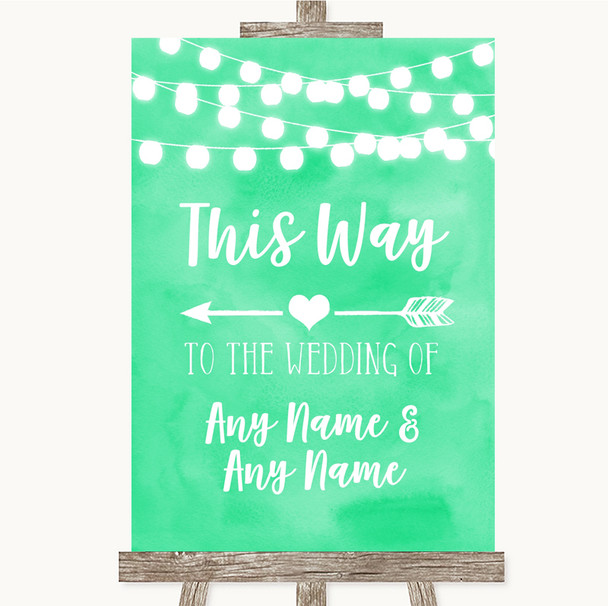 Mint Green Watercolour Lights This Way Arrow Left Customised Wedding Sign