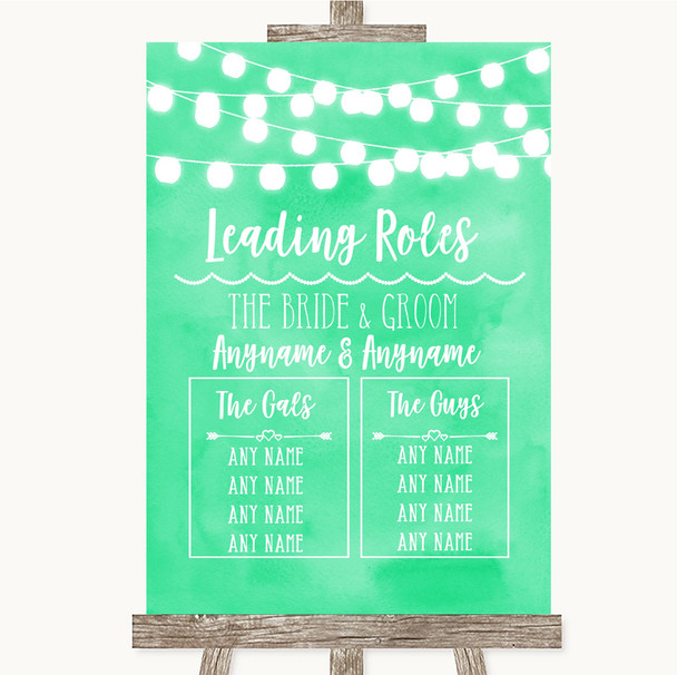 Mint Green Watercolour Lights Who's Who Leading Roles Customised Wedding Sign