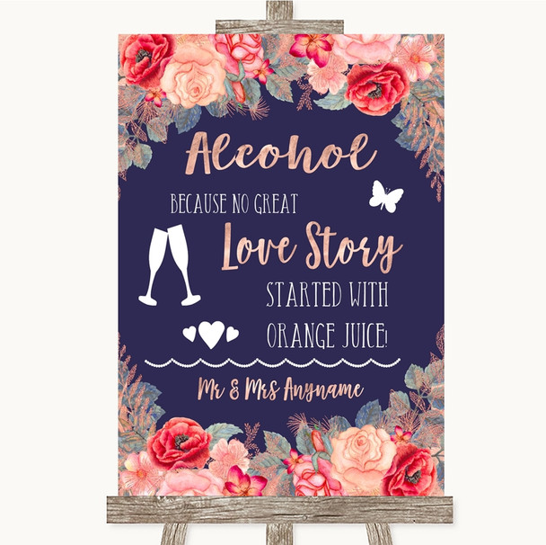 Navy Blue Blush Rose Gold Alcohol Bar Love Story Customised Wedding Sign