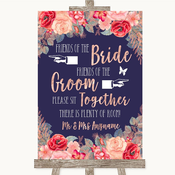 Navy Blue Blush Rose Gold Friends Of The Bride Groom Seating Wedding Sign
