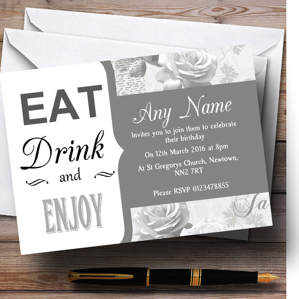 Silver Grey Eat Drink Vintage Birdcage Customised Birthday Party Invitations