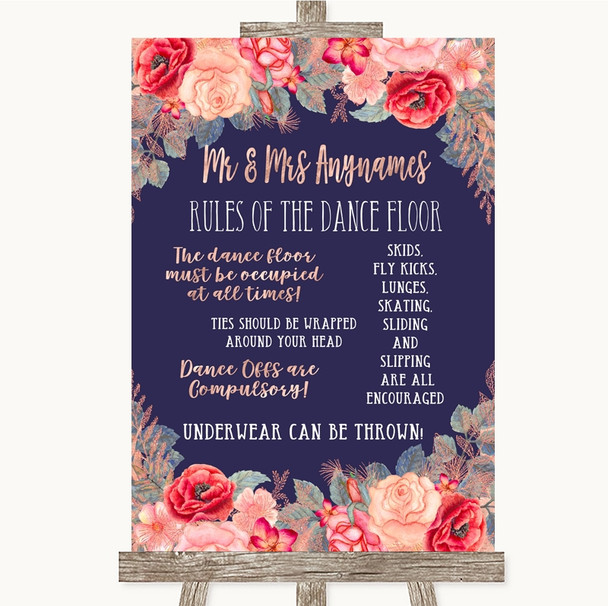 Navy Blue Blush Rose Gold Rules Of The Dance Floor Customised Wedding Sign