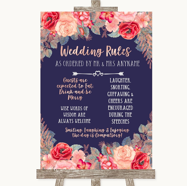 Navy Blue Blush Rose Gold Rules Of The Wedding Customised Wedding Sign