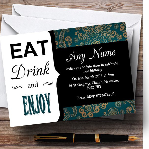 Turquoise And Gold Vintage Eat Drink Customised Birthday Party Invitations