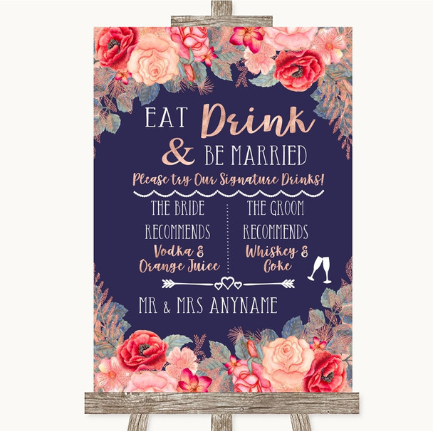 Navy Blue Blush Rose Gold Signature Favourite Drinks Customised Wedding Sign