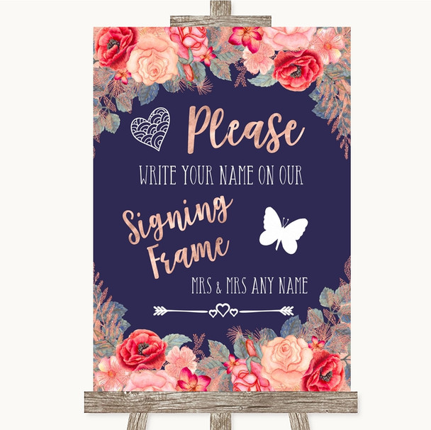 Navy Blue Blush Rose Gold Signing Frame Guestbook Customised Wedding Sign