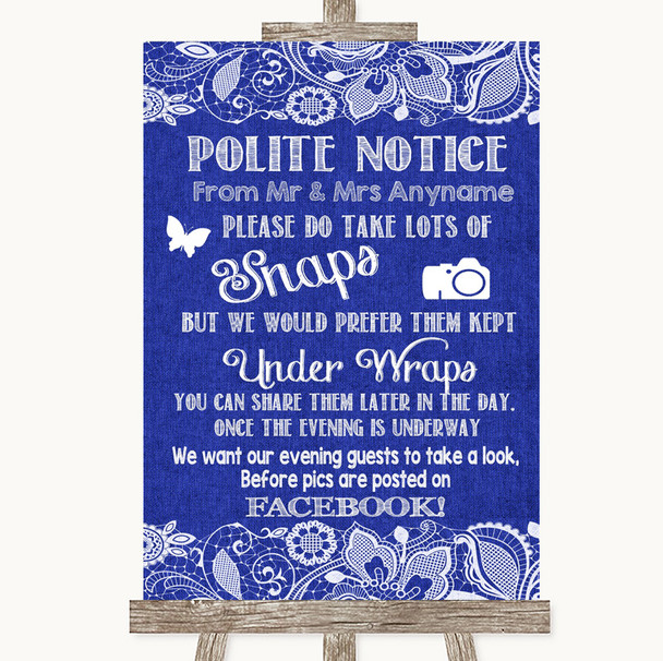 Navy Blue Burlap & Lace Don't Post Photos Facebook Customised Wedding Sign