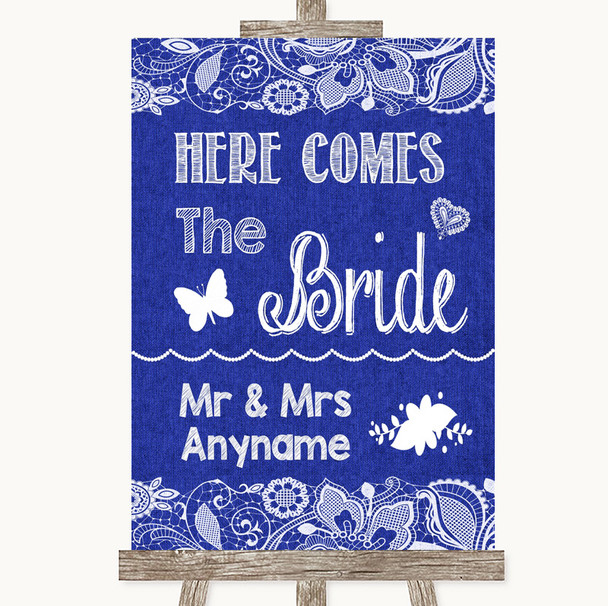 Navy Blue Burlap & Lace Here Comes Bride Aisle Sign Customised Wedding Sign