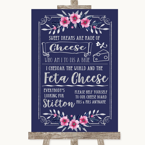 Navy Blue Pink & Silver Cheeseboard Cheese Song Customised Wedding Sign