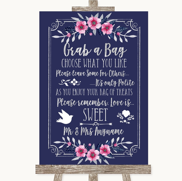 Navy Blue Pink & Silver Grab A Bag Candy Buffet Cart Sweets Wedding Sign
