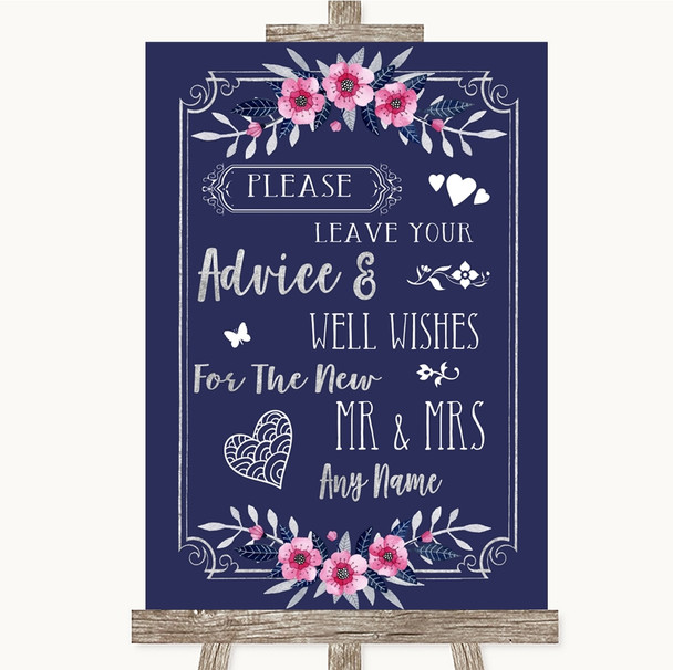 Navy Blue Pink & Silver Guestbook Advice & Wishes Mr & Mrs Wedding Sign