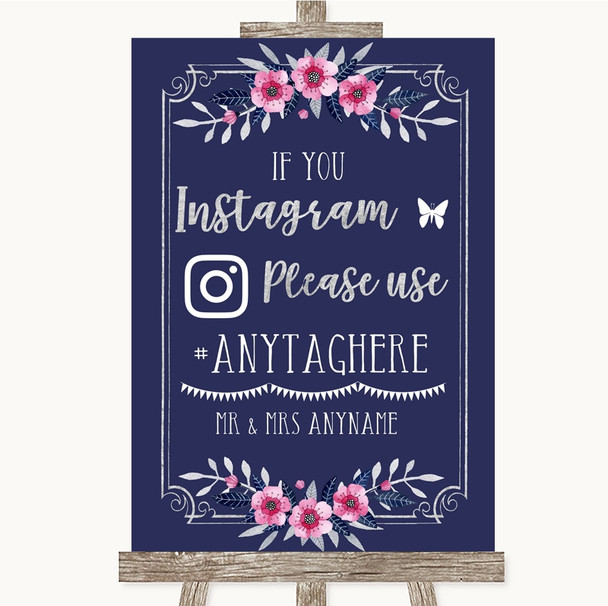 Navy Blue Pink & Silver Instagram Hashtag Customised Wedding Sign