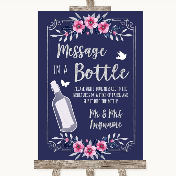 Navy Blue Pink & Silver Message In A Bottle Customised Wedding Sign