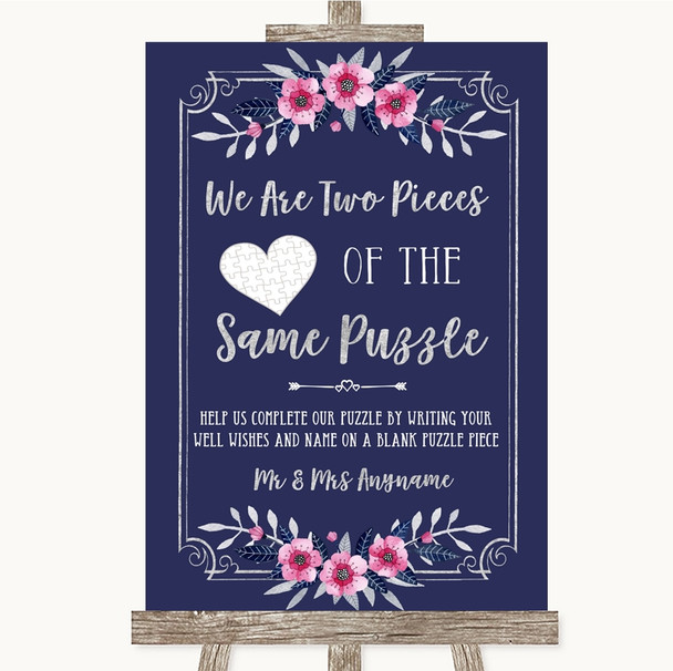 Navy Blue Pink & Silver Puzzle Piece Guest Book Customised Wedding Sign