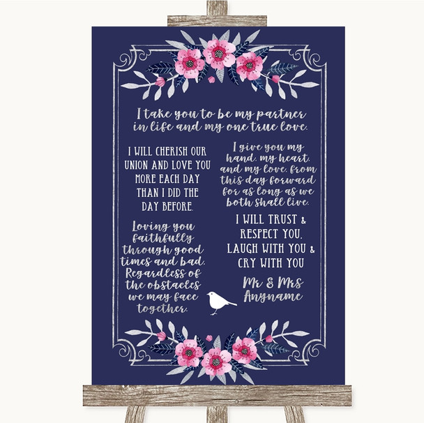 Navy Blue Pink & Silver Romantic Vows Customised Wedding Sign