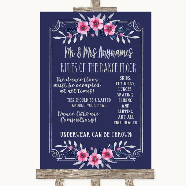 Navy Blue Pink & Silver Rules Of The Dance Floor Customised Wedding Sign