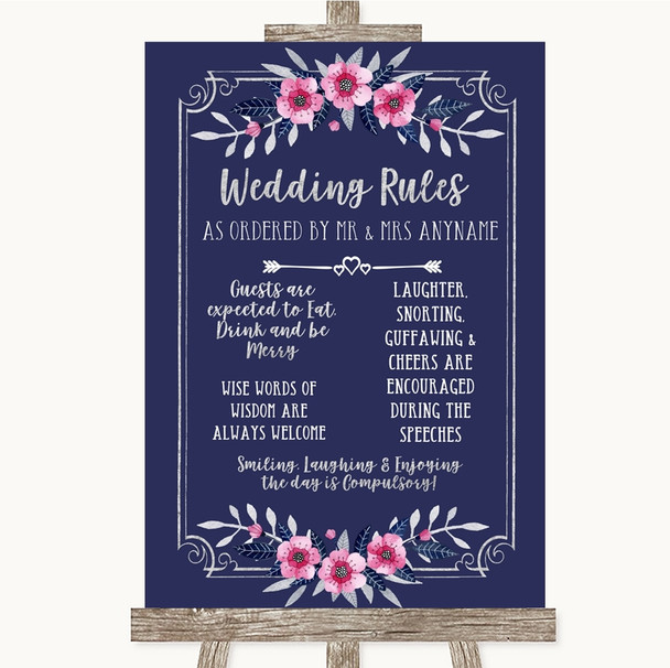 Navy Blue Pink & Silver Rules Of The Wedding Customised Wedding Sign