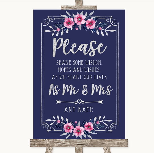 Navy Blue Pink & Silver Share Your Wishes Customised Wedding Sign