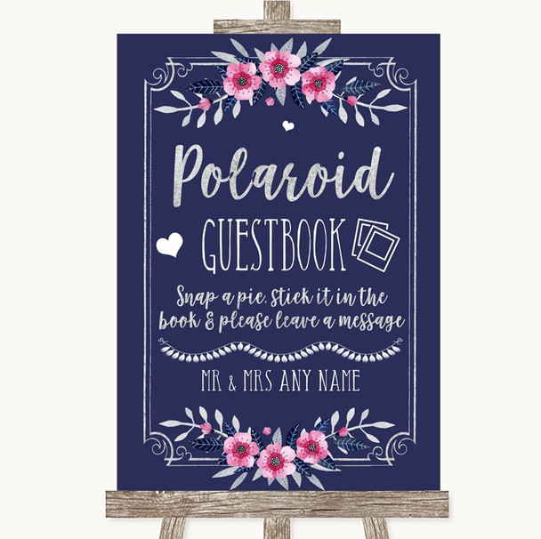 Navy Blue Pink & Silver Polaroid Guestbook Customised Wedding Sign