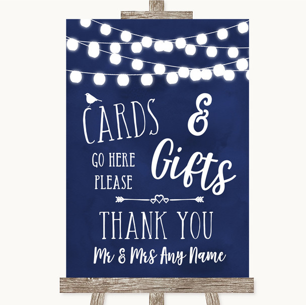 Navy Blue Watercolour Lights Cards & Gifts Table Customised Wedding Sign