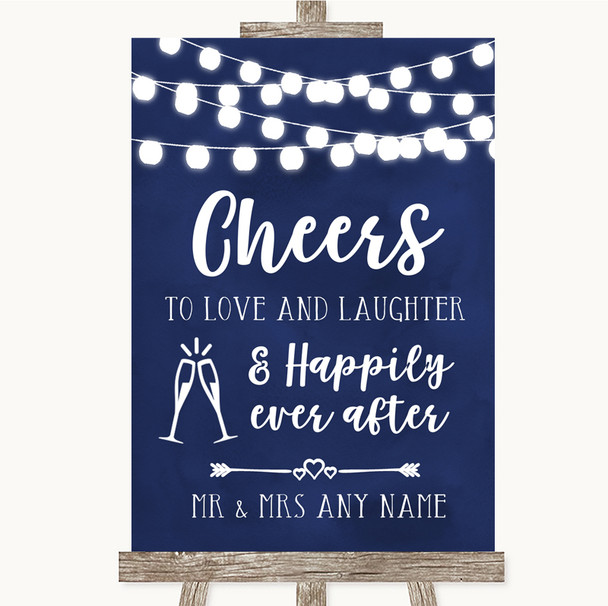 Navy Blue Watercolour Lights Cheers To Love Customised Wedding Sign