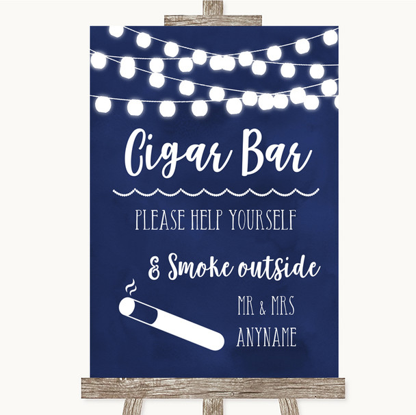 Navy Blue Watercolour Lights Cigar Bar Customised Wedding Sign