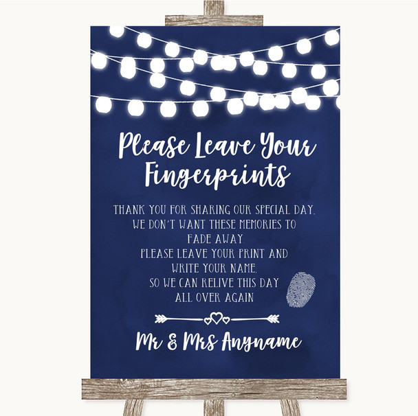 Navy Blue Watercolour Lights Fingerprint Guestbook Customised Wedding Sign