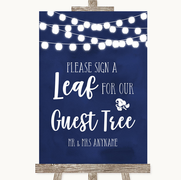 Navy Blue Watercolour Lights Guest Tree Leaf Customised Wedding Sign