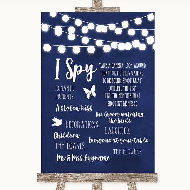 Navy Blue Watercolour Lights I Spy Disposable Camera Customised Wedding Sign