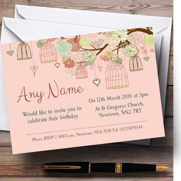 Vintage Shabby Chic Birdcage Coral Customised Birthday Party Invitations
