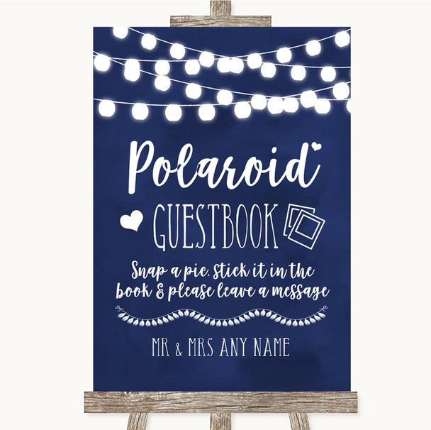 Navy Blue Watercolour Lights Polaroid Guestbook Customised Wedding Sign