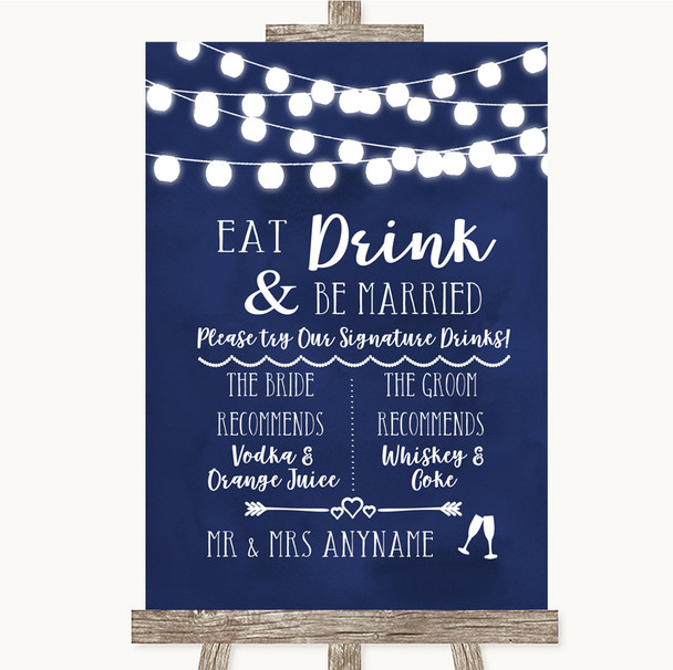 Navy Blue Watercolour Lights Signature Favourite Drinks Wedding Sign Navy Blue Watercolour Lights Signature Favourite Drinks Wedding Sign