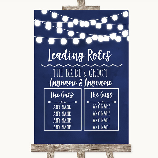 Navy Blue Watercolour Lights Who's Who Leading Roles Customised Wedding Sign