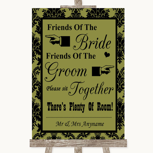 Olive Green Damask Friends Of The Bride Groom Seating Customised Wedding Sign