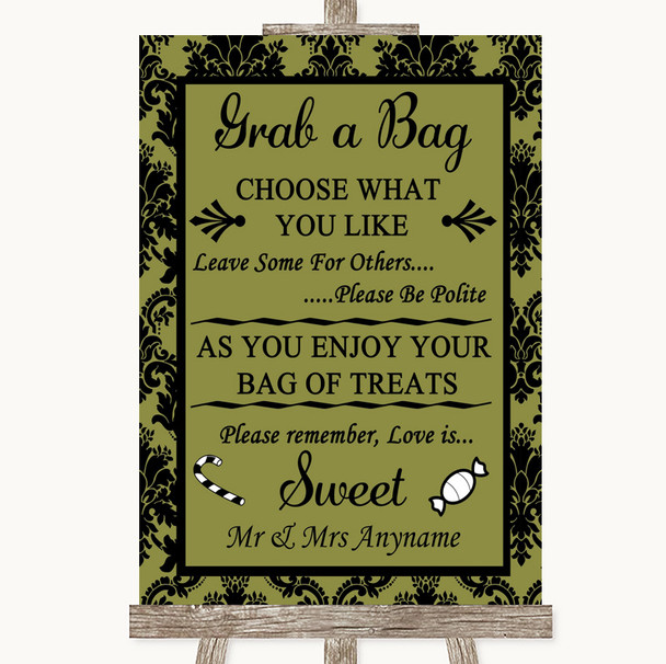 Olive Green Damask Grab A Bag Candy Buffet Cart Sweets Customised Wedding Sign